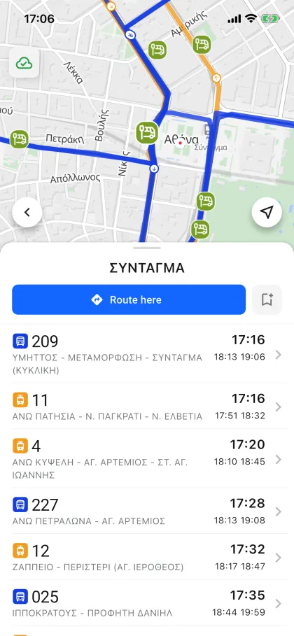 Urbaneel app: departures from the Syntagma stop