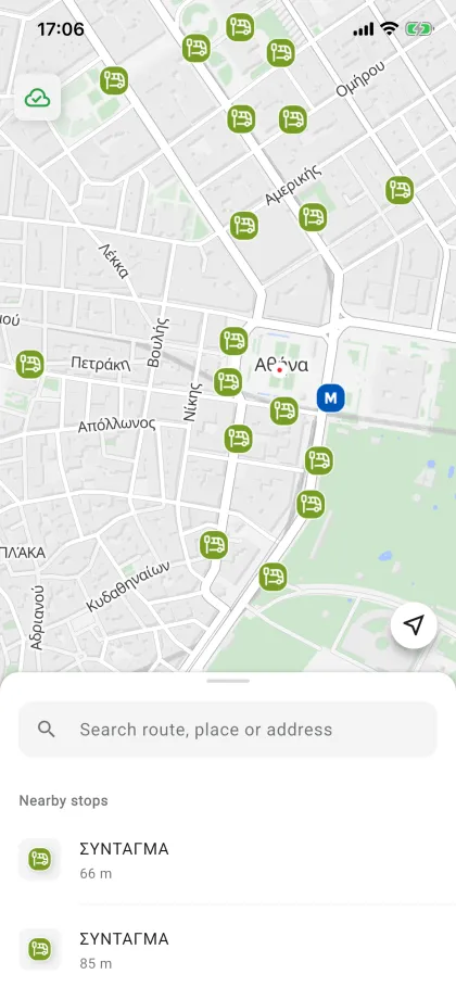 Urbaneel app: map of the stops around Syntagma