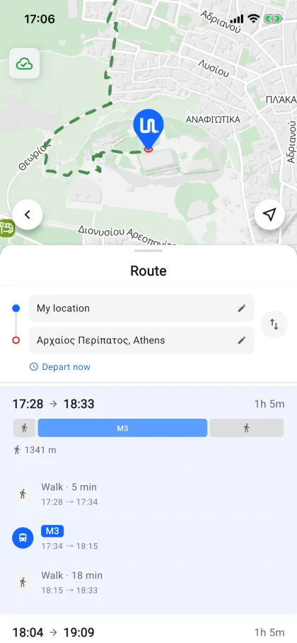 Urbaneel app: a trip on metro line M3 with walking directions