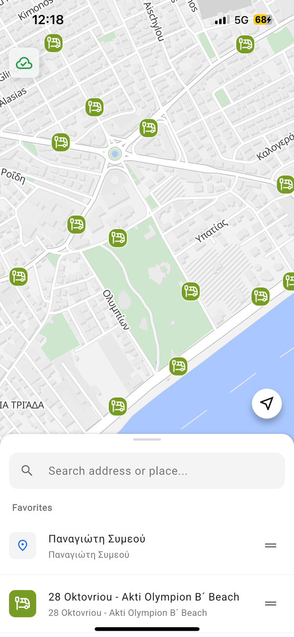 Urbaneel map with bus stops and favourites