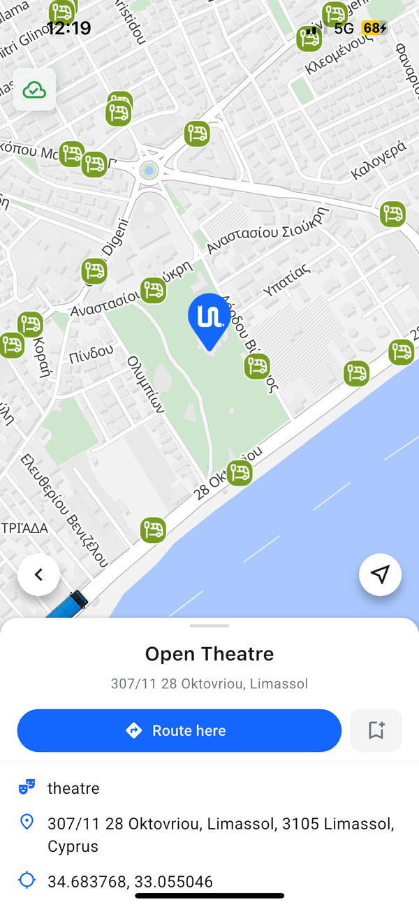 Place info sheet showing Open Theatre with Route here button