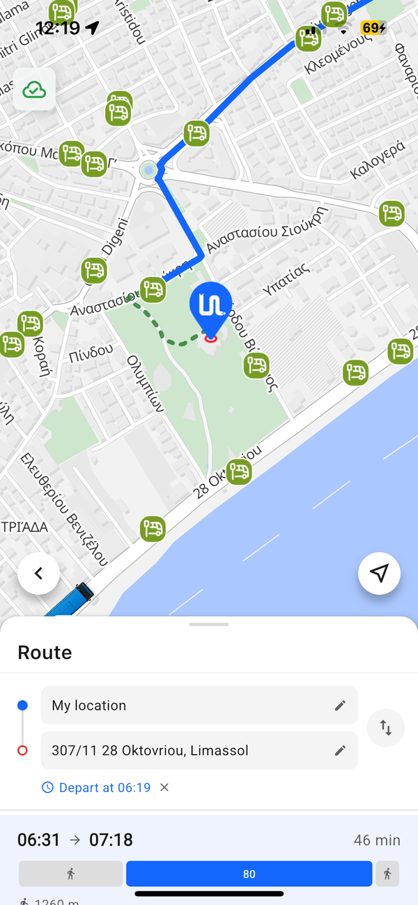 Bus route result to Open Theatre — bus 80, 46 minutes
