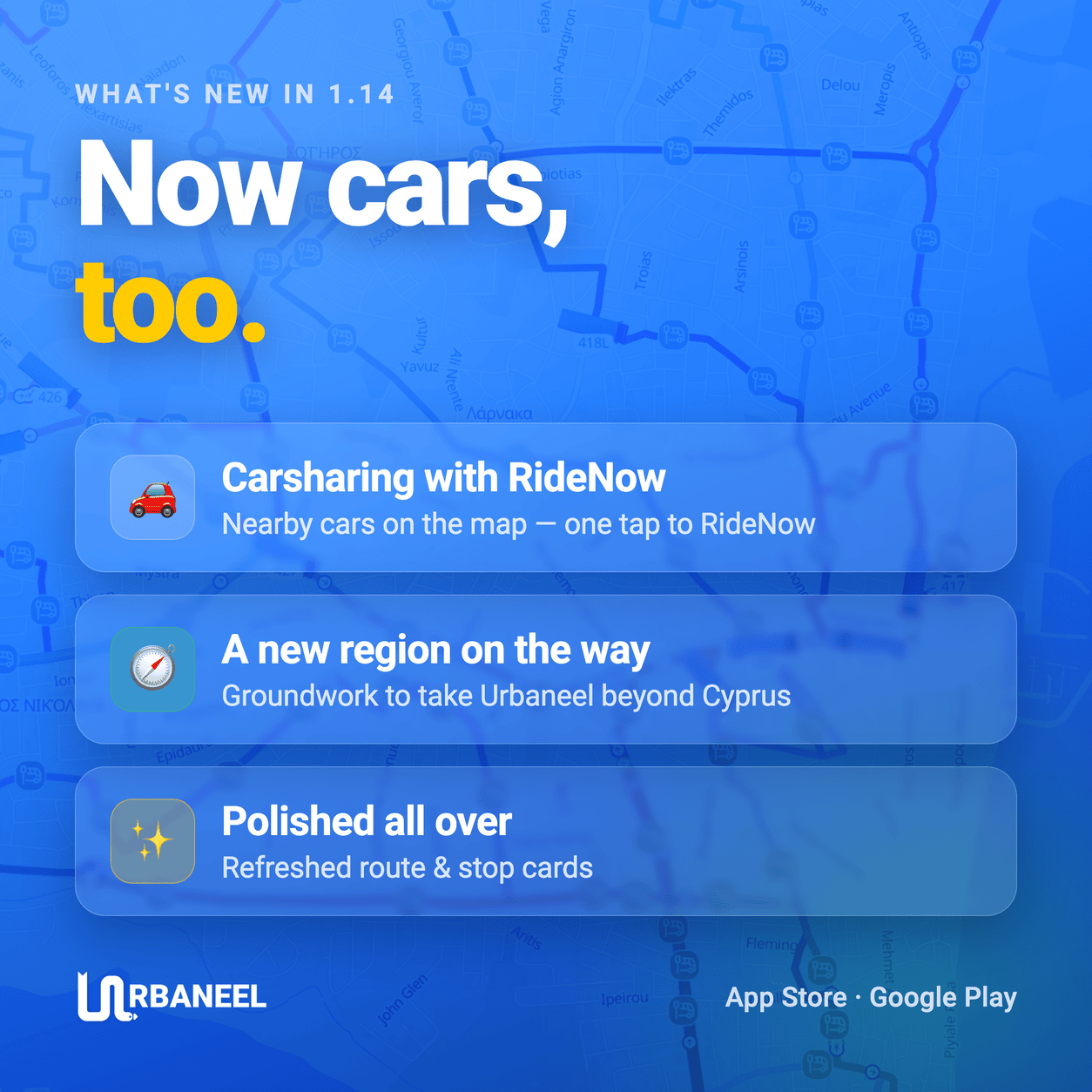 What's new in Urbaneel 1.14 — Carsharing with RideNow, a new region on the way, and a cleaner UI