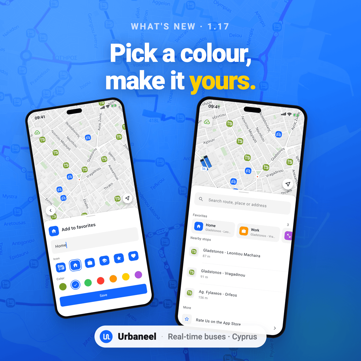 Urbaneel 1.17 — colour-coded favourites with custom icons for Home, Work and Gym on the Cyprus bus map