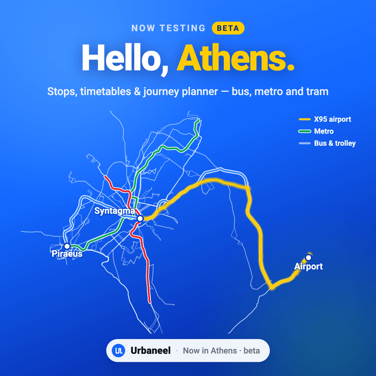 Urbaneel now testing in Athens — the Athens bus, trolleybus and metro network, with the X95 airport express highlighted