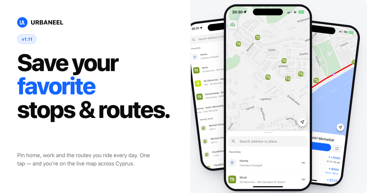 Urbaneel 1.11 — Favourite bus stops feature for Cyprus bus tracker app